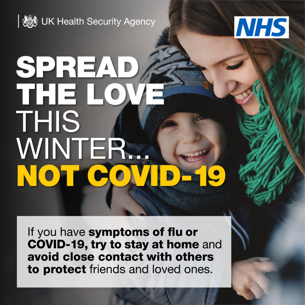 Spread the love this winter...not Covid 19. If you have symptoms of flu or COVID-19, try to stay at home and avoid close contact with others to protect friends and loved ones.